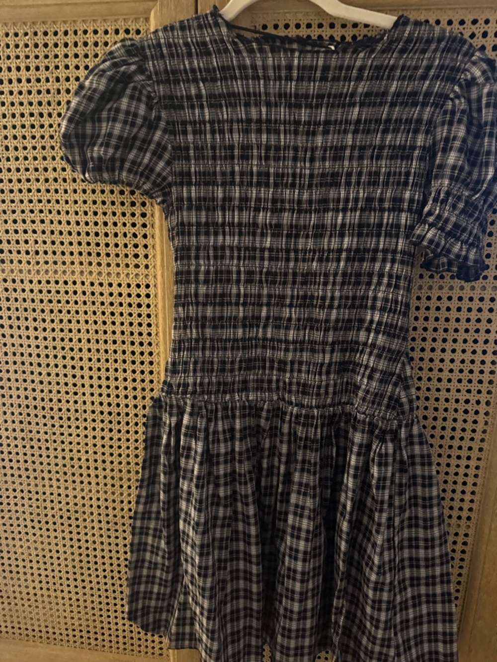 Wayf Black and White Plaid Smocked Dress